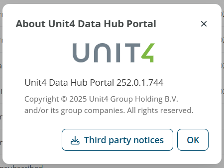 About Unit4 Data Hub Portal dialog