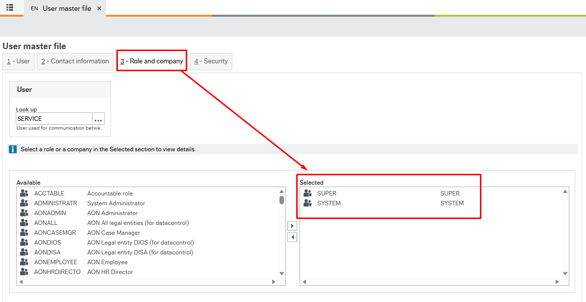 ERP CR Role and company tab with SUPER and SYSTEM roles