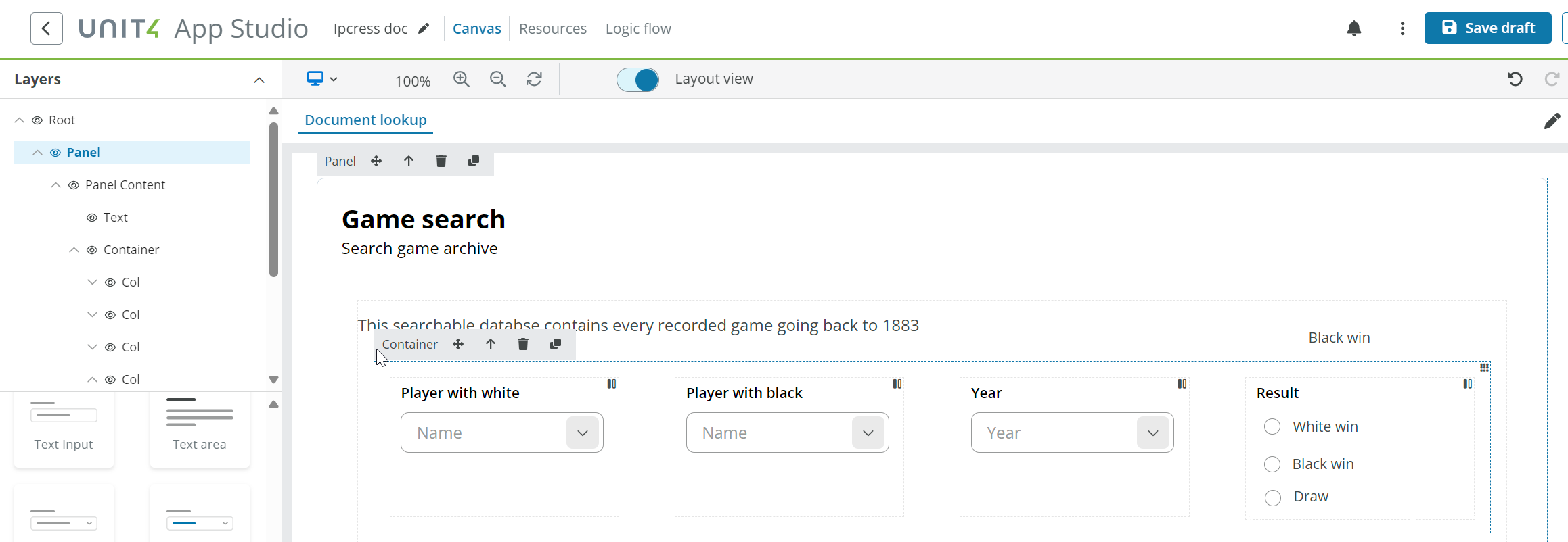 Container in panel layout example