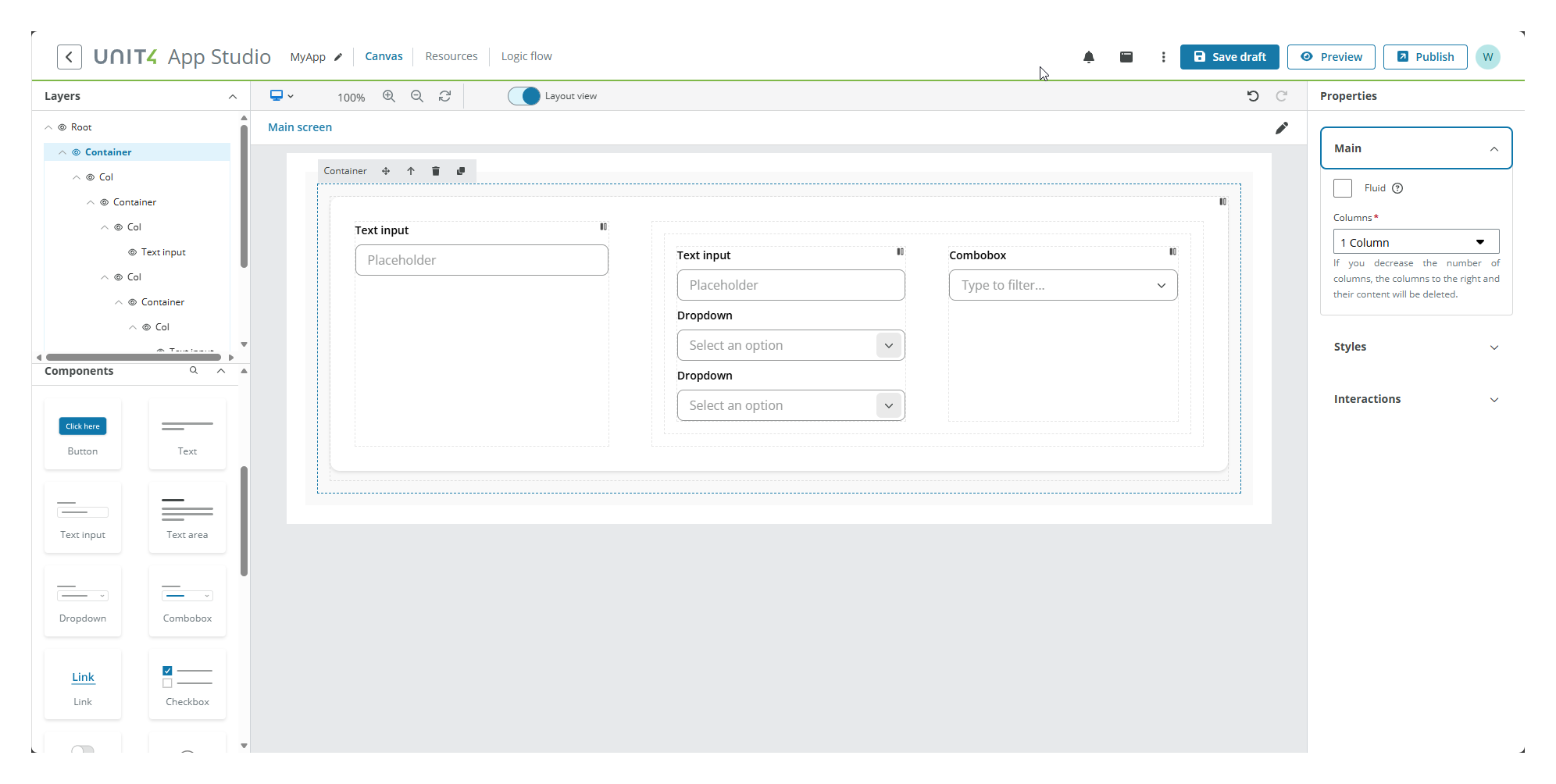 Container two column layout example