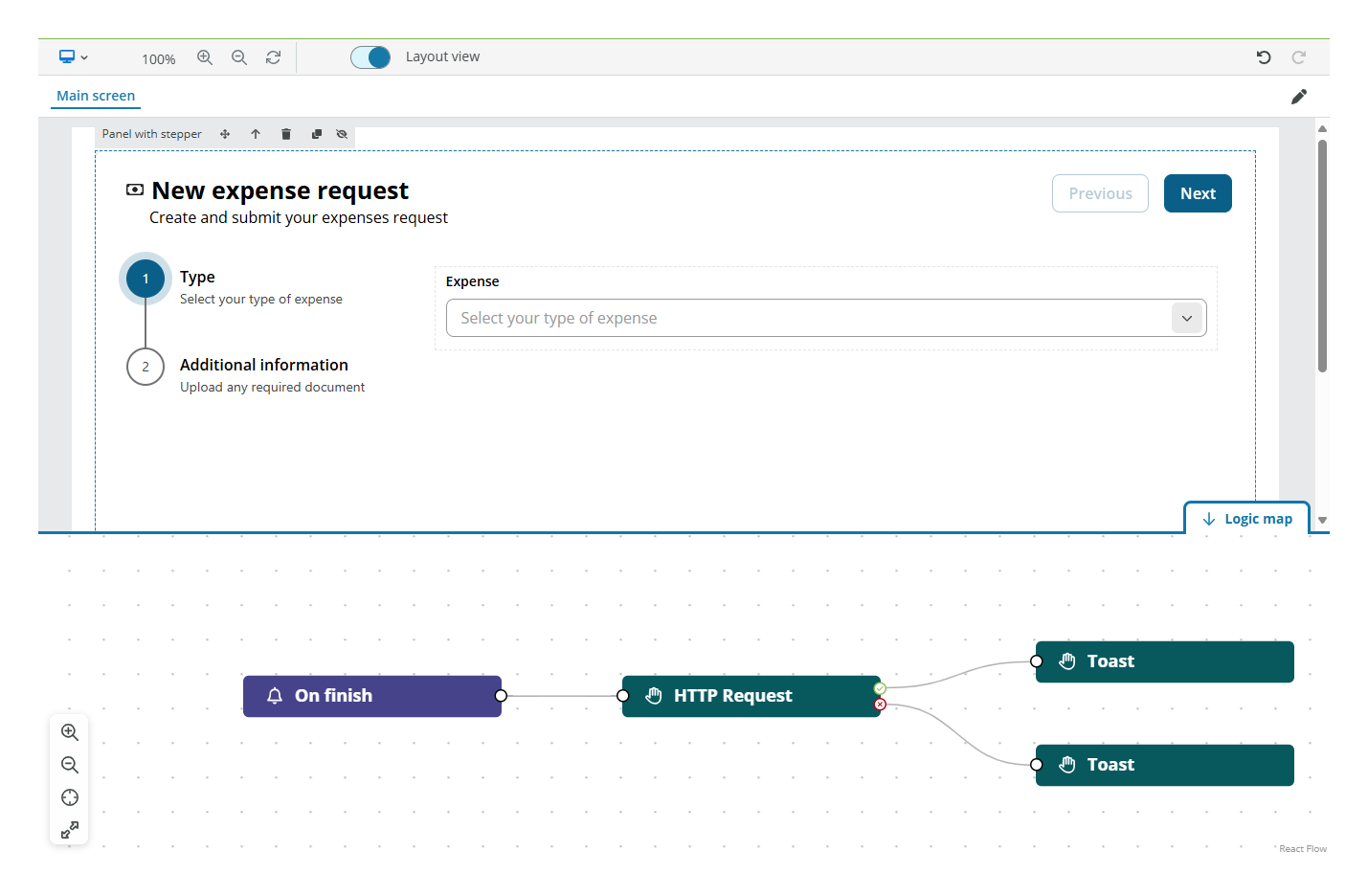 Panel with stepper logic map