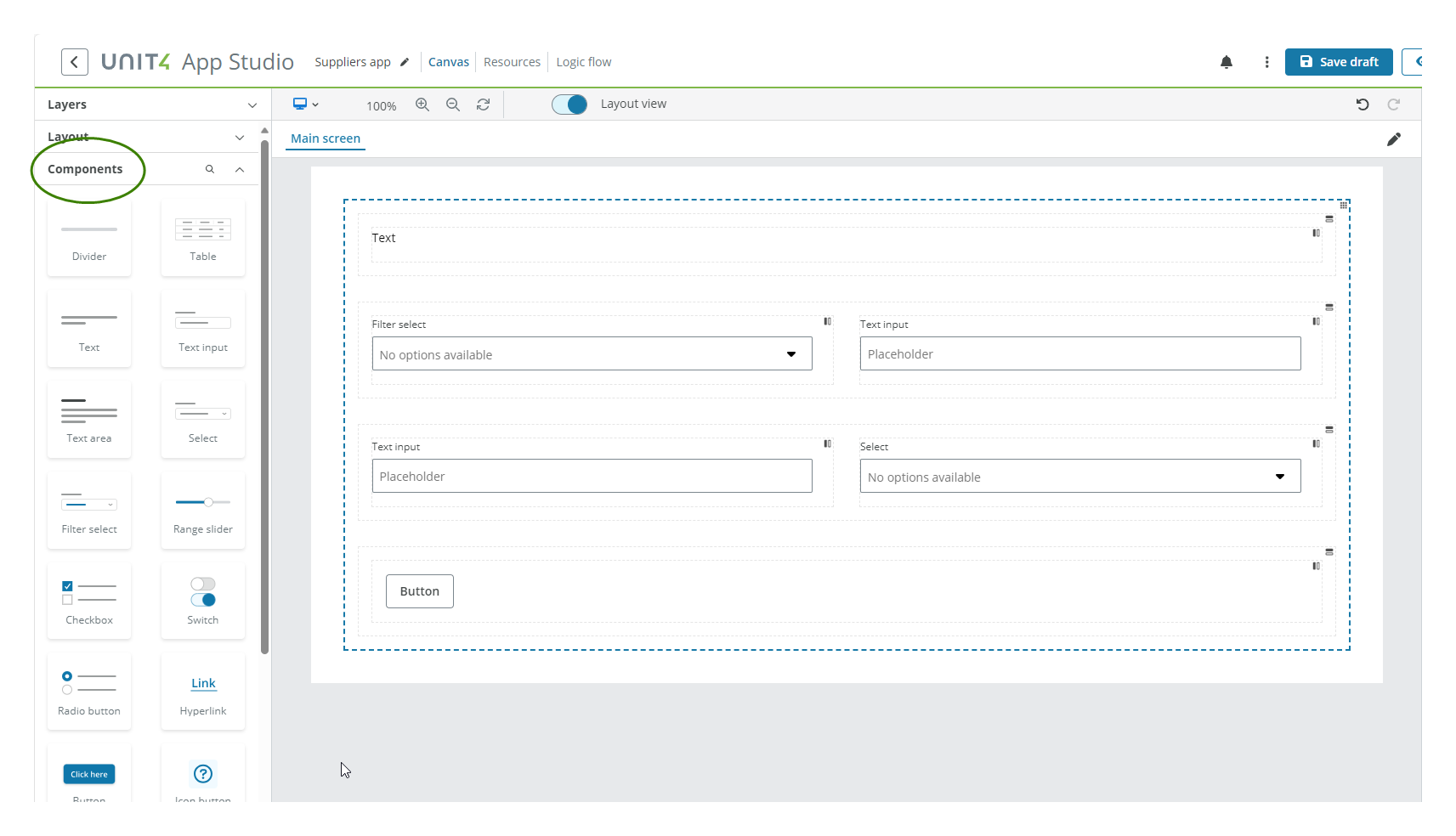 App in canvas with components
