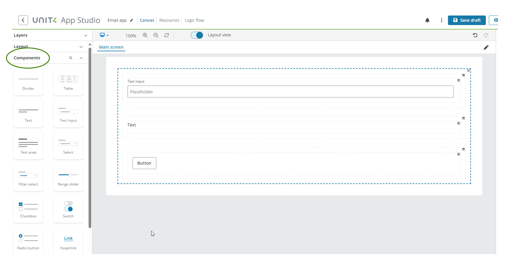 App in canvas with components