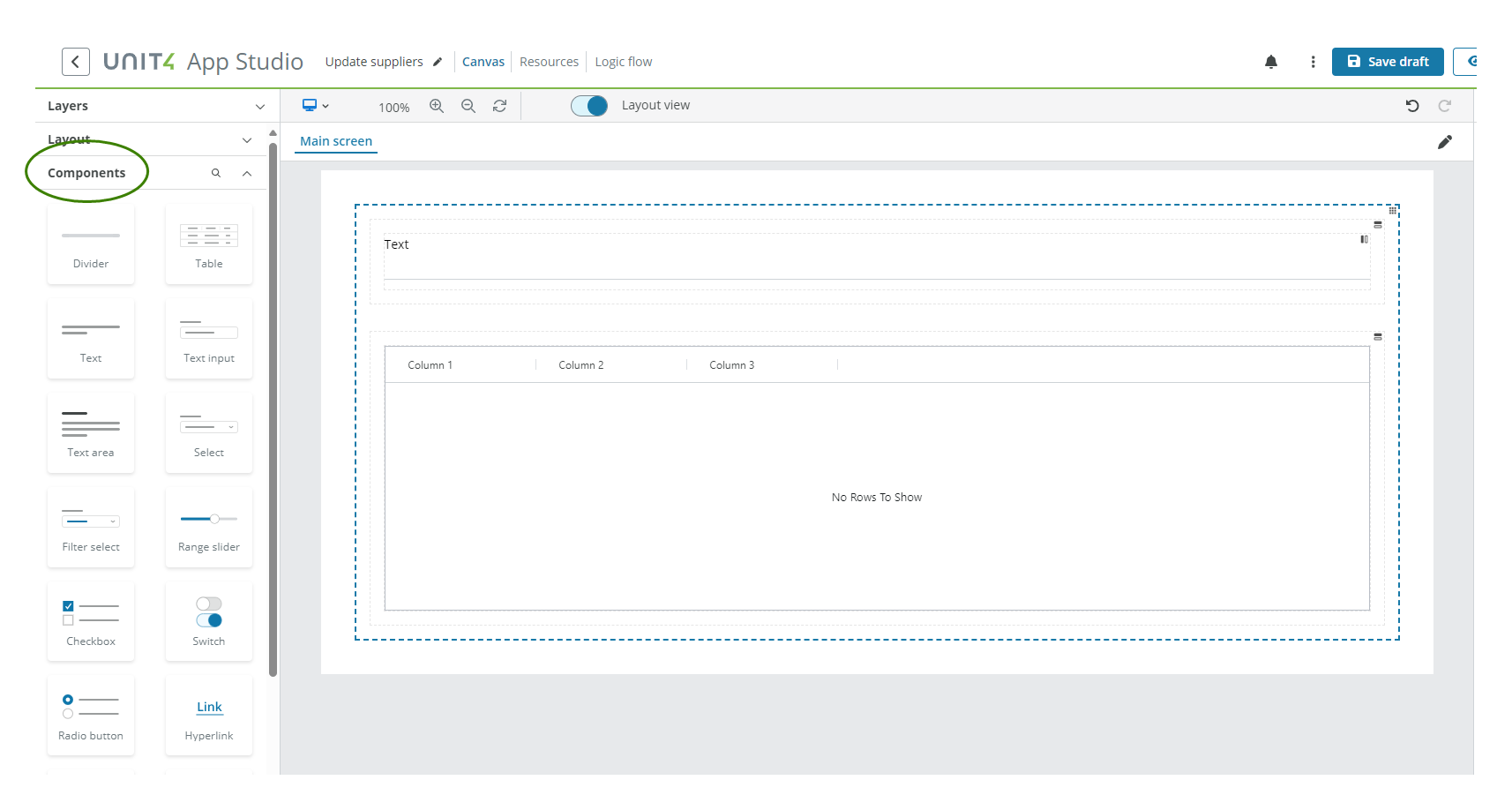 App in canvas with components