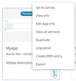 Available dashboard options for published app