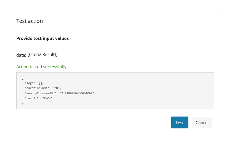 Run Code test action output
