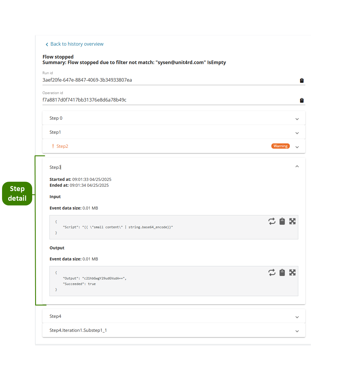 History overview, run detail 